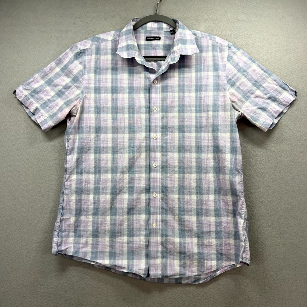Zachary Prell Casual Shirt Mens‎ Large Purple Gray Plaid Short Sleeve Button Up